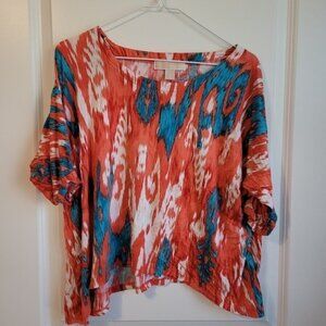 Michael Kors Red Orange and Blue Abstract Blouse Top